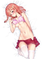 Rule 34 | 1girl, bare arms, bare shoulders, bed sheet, blush, bra, bra lift, braid, breasts, brown hair, closed mouth, collarbone, commentary request, feet out of frame, hand up, highres, k mugura, kanojo okarishimasu, lying, medium breasts, navel, no shirt, no shoes, nose blush, on back, open clothes, open skirt, pink bra, pleated skirt, red eyes, red skirt, sakurasawa sumi, side braid, single braid, skirt, solo, thick eyebrows, thighhighs, underboob, underwear, white thighhighs