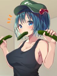 Rule 34 | 1girl, absurdres, armpit peek, black tank top, blue eyes, blue hair, breasts, collarbone, colored eyelashes, commentary request, covered erect nipples, cucumber, flat cap, food, food in mouth, green hat, hair between eyes, hair bobbles, hair ornament, hat, highres, holding, holding food, kawashiro nitori, large breasts, looking at viewer, mamemochi, notice lines, pickle, sexually suggestive, short hair, short twintails, sideboob, sidelocks, sleeveless, solo, tank top, touhou, twintails, upper body