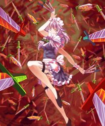 Rule 34 | 1girl, abstract, abstract background, apron, attack, between fingers, black footwear, blue shirt, blue skirt, bracelet, braid, breasts, clock, commentary request, floating, frilled bracelet, frills, green ribbon, hair ribbon, headwear request, highres, holding, holding knife, izayoi sakuya, jewelry, knife, knives between fingers, leg up, looking down, maid, maid apron, maid headdress, medium breasts, pink eyes, ribbon, shirt, short hair, short sleeves, silver hair, skirt, solo, spell card, sunnysideup, thighs, throwing, touhou, twin braids, white ribbon