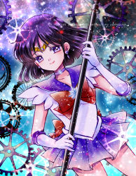 Rule 34 | 1girl, abstract background, back bow, bishoujo senshi sailor moon, bow, brooch, brown bow, choker, circlet, closed mouth, cowboy shot, earrings, elbow gloves, gears, gloves, holding, holding staff, hoshikuzu (milkyway792), jewelry, looking at viewer, magical girl, pleated skirt, purple eyes, purple hair, purple neckwear, purple sailor collar, purple skirt, sailor collar, sailor saturn, sailor senshi uniform, short hair, signature, skirt, smile, solo, staff, star (symbol), star brooch, star choker, tomoe hotaru, white gloves