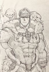 Rule 34 | 1boy, abs, animal skull, bara, bare pectorals, bulge, facial hair, fle0423, fur trim, goatee, graphite (medium), greyscale, headband, holding, holding staff, large pectorals, loincloth, long sideburns, male focus, mature male, monochrome, multicolored hair, muscular, muscular male, navel, necklace, nipples, pectorals, pointy ears, revealing clothes, short hair, sideburns, sketch, snake, solo, spiked hair, staff, stomach, tangaroa (housamo), tattoo, tokyo houkago summoners, tooth necklace, traditional media, tribal, tribal tattoo, two-tone hair, white snake