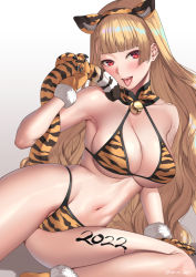 Rule 34 | 1girl, 2022, animal ear fluff, animal ears, animal hands, animal print, armpits, bell, bikini, blonde hair, blunt bangs, blush, body writing, breasts, chinese zodiac, cleavage, collarbone, deras, earrings, fake animal ears, fur-trimmed gloves, fur trim, gloves, highres, jewelry, jingle bell, large breasts, long hair, looking at viewer, navel, original, paw gloves, red eyes, simple background, sitting, smile, solo, swimsuit, tail, tiger ears, tiger print, tiger tail, tongue, tongue out, twitter username, year of the tiger