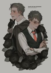 Rule 34 | 2boys, absurdres, artist name, bishounen, black flower, black gloves, black rose, black vest, brown jacket, buttons, closed mouth, collared shirt, commission, cropped torso, crossed arms, dated, english text, flower, forehead, from side, glasses, gloves, go e 0000, green eyes, grey background, grey hair, hair slicked back, heterochromia, highres, jacket, leather, leather gloves, lips, long sleeves, looking back, male focus, multiple boys, necktie, nose, original, parted lips, rectangular eyewear, red eyes, red tie, rose, shirt, short hair, simple background, skeb commission, sweatdrop, teeth, thank you, vest, white shirt