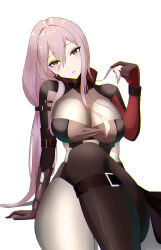 Rule 34 | 1girl, :/, absurdres, arm support, black bodysuit, bodysuit, breasts, brown eyes, cleavage, closed mouth, goddess of victory: nikke, grey bodysuit, grey hair, highres, holding, holding hair, large breasts, light blush, long hair, nero (voyaki), scarlet (nikke), see-through, see-through cleavage, simple background, sitting, skin tight, solo, thighs, white background, yellow eyes