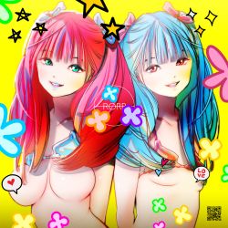 Rule 34 | 2girls, artist name, bad id, bad pixiv id, bikini, blue hair, breasts, english text, eye contact, green eyes, heart, highres, lipstick, looking at another, looking at viewer, makeup, multiple girls, original, qr code, red hair, rorb (vqmde), solo, star (symbol), swimsuit