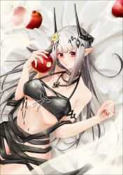 Rule 34 | 1girl, absurdres, apple, arknights, bikini, black bikini, commentary request, cowboy shot, flower, food, fruit, hair flower, hair ornament, hands up, highres, holding, holding food, holding fruit, horns, kuromu, long hair, looking at viewer, mudrock (arknights), mudrock (silent night) (arknights), navel, official alternate costume, parted lips, pointy ears, red eyes, solo, stomach, swimsuit, very long hair, white hair