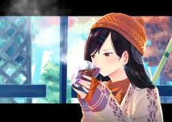Rule 34 | 1girl, beanie, black hair, coat, commentary request, cup, day, drink, drinking, drinking glass, earrings, furukawa itsuse, hair ornament, hairclip, hands up, hat, jewelry, letterboxed, long hair, long sleeves, mole, mole under eye, nail polish, open clothes, open coat, orange sweater, original, parted bangs, pink nails, red eyes, sleeves past wrists, solo, steam, sweater, tree, upper body, white coat, window