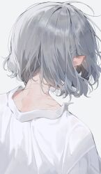 Rule 34 | 1boy, androgynous, dungeon meshi, elf, from behind, highres, mara universe, mithrun, pointy ears, shirt, short hair, simple background, white background, white hair, white shirt