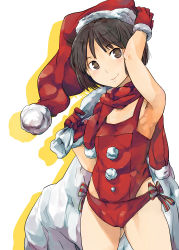 Rule 34 | 1girl, armpits, bag, bikini, bikini bottom only, bow, brown eyes, brown hair, christmas, face, flat chest, gloves, hat, knucklecurve, layered swimsuit, one-piece swimsuit, original, red bikini, red one-piece swimsuit, sack, santa costume, santa hat, scarf, school swimsuit, short hair, smile, solo, striped, striped bow, swimsuit
