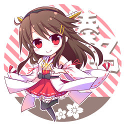 Rule 34 | 10s, 1girl, bare shoulders, black legwear, brown hair, detached sleeves, hair ornament, hairband, hairclip, haruna (kancolle), headband, headgear, japanese clothes, kantai collection, kashiwadokoro, long hair, looking at viewer, lowres, nontraditional miko, red eyes, solo