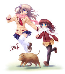 Rule 34 | 00s, 2007, 2girls, :d, black legwear, blazer, blue eyes, blush, boar, brown hair, fang, hair bobbles, hair ornament, hair rings, highres, jacket, light brown hair, loafers, looking at another, miniskirt, multiple girls, na-ga, new year, open mouth, pantyhose, pink scarf, pleated skirt, running, scarf, school uniform, shoes, skirt, smile, sneakers, thighhighs, white legwear, white scarf
