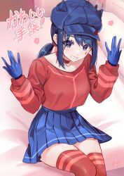 1girl absurdres bed blue_eyes blue_gloves blue_hair blue_hat blue_skirt cabbie_hat choker commentary commentary_request cool_mita_(miside) crop_top english_commentary gloves grin hat highres long_sleeves looking_at_viewer low_twintails miside mita_(miside) mixed-language_commentary on_bed pleated_skirt red_shirt red_thighhighs shirt signature sitting skirt smile teardrop_facial_mark thighhighs translation_request twintails yaya_chan zettai_ryouiki