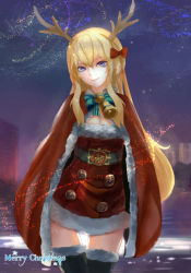 Rule 34 | 1girl, antlers, bell, belt, black thighhighs, blonde hair, blue eyes, bow, breasts, cape, christmas, cleavage, dress, hair bow, highres, horns, long hair, mag (huangmag), merry christmas, night, original, red dress, reindeer antlers, revision, santa costume, sky, small breasts, smile, solo, star (sky), starry sky, thighhighs, very long hair, zettai ryouiki