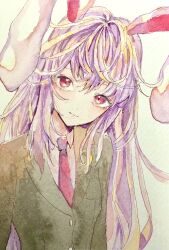 Rule 34 | 1girl, absurdres, animal ears, black jacket, blazer, buttons, collared shirt, crescent, crescent pin, dot nose, eyelashes, hair between eyes, head tilt, highres, jacket, light smile, long hair, long sleeves, looking at viewer, navybluesparrow, necktie, painting (medium), purple hair, rabbit ears, red eyes, red necktie, reisen udongein inaba, shirt, solo, touhou, traditional media, upper body, very long hair, watercolor (medium), white background, white shirt