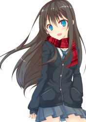 Rule 34 | 10s, 1girl, bad id, bad pixiv id, black hair, blue eyes, earrings, highres, idolmaster, idolmaster cinderella girls, jewelry, nakatama kyou, necklace, necktie, open mouth, plaid, plaid scarf, red scarf, scarf, school uniform, shibuya rin, simple background, skirt, smile, solo, sweater, white background