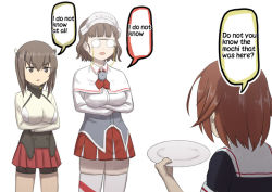 Rule 34 | 3girls, breast padding, brown eyes, brown hair, commentary, crossed arms, diadem, english text, engrish text, glasses, height difference, kantai collection, long sleeves, miniskirt, misumi (niku-kyu), multiple girls, open mouth, pince-nez, plate, ranguage, roma (kancolle), shiratsuyu (kancolle), short hair, shorts, shorts under skirt, speech bubble, taihou (kancolle), thighhighs, white legwear
