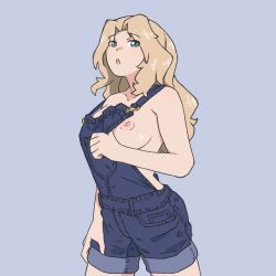 Rule 34 | 1girl, blonde hair, blue background, breasts, commentary, denim, english commentary, girls und panzer, green eyes, hand on own thigh, highres, huaronanago, kay (girls und panzer), looking at viewer, medium breasts, nipples, no bra, no shirt, open mouth, self exposure, solo, suspenders pull