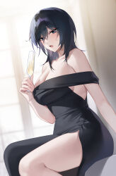 Rule 34 | 1girl, absurdres, alcohol, arm support, bare shoulders, black dress, black hair, blue eyes, blurry, blurry background, borrowed character, breasts, champagne, champagne flute, cleavage, commentary, crossed bangs, cup, dress, drinking glass, eyes visible through hair, feet out of frame, fingernails, from side, furrowed brow, hair between eyes, hand up, highres, holding, holding cup, indoors, large breasts, long dress, long fingernails, long hair, looking at viewer, off-shoulder dress, off shoulder, open mouth, original, raki kr, side slit, sitting, solo, sweat, thighs, window, yokoyama ishimi
