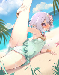Rule 34 | 1girl, antenna hair, beach, blue sky, breasts, cameltoe, casual one-piece swimsuit, cleft of venus, cloud, covered erect nipples, covered navel, day, elf, flower, frilled swimsuit, frills, green one-piece swimsuit, hair between eyes, hair ornament, highres, kokkoro (princess connect!), kokkoro (summer) (princess connect!), leg lift, leg up, light purple hair, looking at viewer, nekono matatabi, ocean, one-piece swimsuit, outdoors, pink eyes, pointy ears, princess connect!, sand, shiny skin, short hair, sky, solo, split, spread legs, swimsuit, water, wet