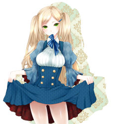 Rule 34 | 1girl, alternate costume, apt, axis powers hetalia, bad id, bad pixiv id, blonde hair, blush, bow, bowtie, breasts, buttons, checkered clothes, checkered dress, clothes lift, dress, dress lift, flower, genderswap, genderswap (mtf), green eyes, hair ornament, hairclip, highres, large breasts, long hair, long sleeves, looking at viewer, mouth hold, no panties, puffy sleeves, red flower, red rose, rose, skirt, skirt lift, solo, swept bangs, symbol-shaped pupils, twintails, united kingdom (hetalia), unmoving pattern, very long hair