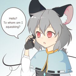 Rule 34 | 1girl, absurdres, animal ear fluff, animal ears, artist name, capelet, commentary, corded phone, english commentary, english text, gradient background, grey hair, hand up, highres, holding, holding phone, jewelry, light blue background, mouse (animal), mouse ears, mouse girl, multicolored background, nazrin, open mouth, pendant, phone, pun, red eyes, rownou, short hair, simple background, solo, speech bubble, talking on phone, touhou, upper body, white background
