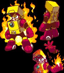 Rule 34 | 1boy, ariga hitoshi, bodysuit, capcom, fire, fire, from behind, full body, heat man, lowres, mega man (classic), mega man (series), mega man 2, mega man megamix, multiple views, standing, transparent background