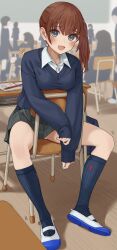 Rule 34 | 1girl, absurdres, blue cardigan, blue socks, blurry, blurry background, book, breasts, brown hair, cardigan, classroom, collared shirt, commentary request, desk, grey eyes, grey skirt, highres, indoors, kopaka (karda nui), looking at viewer, medium breasts, multiple others, on chair, open mouth, original, pen, pleated skirt, ribbed socks, school desk, shirt, shoes, side ponytail, sitting, sitting backwards, skirt, sleeves past wrists, smile, socks, solo focus, thighs, uwabaki, white shirt