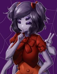 Rule 34 | 1girl, absurdres, black hair, black sclera, bow, colored sclera, colored skin, dress, extra arms, extra eyes, finger to mouth, grey skin, hair bow, hand up, highres, index finger raised, arthropod girl, kim milk, looking at viewer, monster girl, muffet, purple background, purple eyes, red bow, red dress, short hair, silk, simple background, smile, solo, spider girl, spider web, two side up, undertale, upper body, v