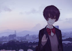 Rule 34 | 1girl, androgynous, bag, black hair, bow, cityscape, cloud, freckles, hand up, kaoming, looking at viewer, original, power lines, red bow, school bag, school uniform, short hair, solo, uniform