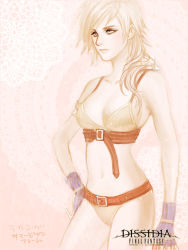 10s 1girl belt bikini blue_eyes breasts cleavage copyright_name dissidia_012_final_fantasy dissidia_final_fantasy female_focus final_fantasy final_fantasy_xiii gloves j_(onose1213) lightning_farron long_hair navel solo swimsuit white_hair