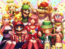 Rule 34 | 4boys, 4girls, ;3, animal crossing, beanie, bellhenge, bespectacled, black-framed eyewear, boo (mario), bow, bowser, breasts, casual, clothes writing, collared shirt, confetti, cosplay, creatures (company), crossover, d-pad, dog girl, dress, earrings, formal, game freak, gen 1 pokemon, glasses, group picture, hat, highres, holding hands, isabelle (animal crossing), jewelry, kirby, kirby (series), kyary pamyu pamyu, link, looking at viewer, luigi, mario, mario (series), md5 mismatch, multiple boys, multiple girls, nail polish, nintendo, one eye closed, pikachu, pink hair, pokemon, princess, princess peach, princess zelda, purple hair, red bow, resized, resolution mismatch, sharp teeth, shirt, short hair, sitting, source smaller, striped clothes, striped dress, suit, super smash bros., teeth, the legend of zelda, the legend of zelda: the wind waker, tiara, toon link, toon zelda, top hat, triforce, upscaled, white shirt