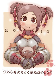 Rule 34 | 10s, 1girl, 2010, armor, blush, cat, gauntlets, hair ornament, ibukichi, monster hunter (series), red eyes, short hair, smile, solo, turtleneck, twintails