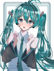 Rule 34 | 1girl, 63k9a, absurdres, ahoge, aqua hair, blue eyes, blush, clenched hands, collared shirt, commentary, detached sleeves, hands up, hatsune miku, headset, highres, jaggy lines, long hair, long sleeves, looking at viewer, shirt, skirt, sleeveless, sleeveless shirt, solo, twintails, vocaloid