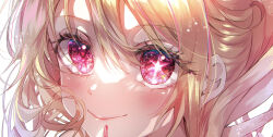 Rule 34 | 1girl, blonde hair, blush, commentary request, cropped, head only, highres, hoshino ruby, long hair, looking to the side, oshi no ko, parted lips, pinapo 25, pink eyes, red nails, simple background, smile, solo, star-shaped pupils, star (symbol), sunlight, symbol-shaped pupils