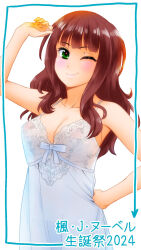 Rule 34 | 1girl, alternate eye color, arm up, assault lily, bare arms, bare shoulders, blunt bangs, blush, breasts, brown hair, character name, chemise, cleavage, closed mouth, collarbone, cowboy shot, green eyes, hand on own hip, heart, heart in eye, highres, inset border, kaede johan nouvel, large breasts, long hair, looking at viewer, nipples, nipples through clothes, one eye closed, outside border, see-through, sentape, sidelocks, smile, solo, spaghetti strap, standing, symbol in eye, wavy hair, white background, white chemise