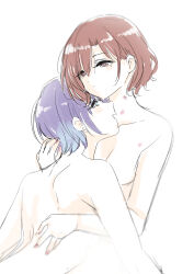 Rule 34 | 2girls, asakura toru, brown eyes, brown hair, closed mouth, commentary, earrings, hand on another&#039;s back, hand on another&#039;s neck, hickey, higuchi madoka, idolmaster, idolmaster shiny colors, jewelry, multiple girls, nude, open mouth, purple hair, short hair, simple background, smile, stud earrings, takeshisu, white background, yuri