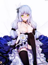Rule 34 | 1girl, arm support, black gloves, black thighhighs, blue dress, blush, braid, breasts, cleavage, closed mouth, commentary request, dress, facial mark, feet out of frame, flower, girls&#039; frontline, gloves, green eyes, hair ornament, hairband, hand up, highres, hk416 (girls&#039; frontline), hk416 (starry cocoon) (girls&#039; frontline), large breasts, long hair, looking at viewer, nekoya (liu), nose blush, official alternate costume, resolution mismatch, silver hair, sitting, solo, source larger, thighhighs, very long hair, white background, white flower, white hairband