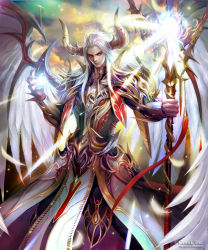 Rule 34 | 1boy, armor, highres, holding, holding staff, horns, kei1115, light, long hair, looking at viewer, magic, male focus, monster boy, outdoors, red eyes, shingoku no valhalla gate, staff, standing, watermark, web address, white hair, white wings, wings