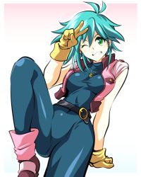 Rule 34 | 1girl, absurdres, ahoge, allenby beardsley, black bodysuit, blue hair, blush, bodysuit, boots, border, breasts, breasts squeezed together, commentary request, g gundam, gloves, green eyes, grin, gundam, hair between eyes, highres, ishiyumi, jewelry, light blush, looking at viewer, medium breasts, messy hair, necklace, one eye closed, pink background, pink footwear, pink vest, short hair, sleeveless, sleeveless bodysuit, smile, solo, v, vest, white border, yellow gloves
