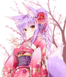 Rule 34 | 1girl, animal ears, blush, brown eyes, cherry blossoms, closed mouth, commentary request, fingernails, flower, fox ears, fox girl, fox shadow puppet, fox tail, hair between eyes, hair flower, hair ornament, hand on own chest, japanese clothes, kimono, long hair, long sleeves, looking at viewer, obi, original, pink kimono, ponytail, purple hair, sash, smile, solo, standing, tail, tateha (marvelous grace), upper body, wide sleeves