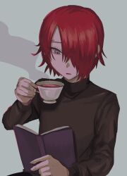 Rule 34 | 1boy, alternate costume, black sweater, book, commentary request, cup, grey background, hair over one eye, highres, holding, holding book, holding cup, long sleeves, looking down, male focus, master detective archives: rain code, open book, open mouth, purple eyes, reading, red hair, short hair, simple background, smile, solo, sumi (o ooov), sweater, teacup, turtleneck, turtleneck sweater, yomi hellsmile