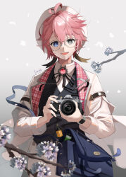 Rule 34 | 1boy, absurdres, antenna hair, bag, blue eyes, brooch, camera, collared shirt, glasses, grey eyes, hat, heterochromia, highres, holding, holding camera, jacket, jewelry, long sleeves, looking at viewer, lucio (lucioooo38), male focus, neck ribbon, open mouth, original, pink hair, ribbon, shirt, short hair, smile, solo, vest, watch, wristwatch