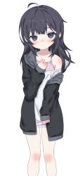 Rule 34 | 1girl, absurdres, ahoge, black eyes, black hair, blush, camisole, dress, expressionless, feet out of frame, highres, jacket, knee blush, long hair, looking at viewer, off shoulder, open clothes, open jacket, ruriri, shiawasena neet no sodatekata, shizuku (neet-chan), simple background, single bare shoulder, solo, tachi-e, variant set, white background