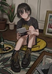 Rule 34 | 1girl, ankle boots, black footwear, black shirt, black skirt, blush, boots, bottle, cake, cake slice, closed mouth, clothes writing, computer, cross-laced footwear, earphones, food, fork, gishiki (gshk), head tilt, highres, holding, laptop, looking at viewer, original, panties, plant, pleated skirt, portal (object), pot, potted plant, print shirt, profanity, shirt, sitting, skirt, smile, smiley face, solo, underwear, yellow eyes