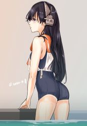 Rule 34 | 1girl, ass, black eyes, black hair, black one-piece swimsuit, cowboy shot, dated, fuwafuwatoufu, grey background, headgear, i-400 (kancolle), kantai collection, long hair, one-piece swimsuit, orange sailor collar, sailor collar, sailor shirt, school swimsuit, shirt, side-tie shirt, signature, simple background, sleeveless, sleeveless shirt, solo, swimsuit, swimsuit under clothes, water, wet, wet clothes