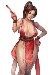 Rule 34 | 1girl, absurdres, bad id, bad pixiv id, breasts, brown eyes, brown hair, cirenk, cleavage, fatal fury, folded fan, folding fan, hand fan, high ponytail, highres, holding, holding fan, large breasts, long hair, looking at viewer, ninja, pelvic curtain, ponytail, revealing clothes, shiranui mai, smile, snk, solo, the king of fighters, white background