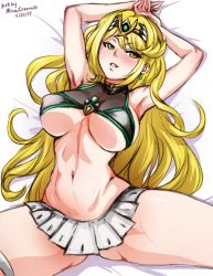 Rule 34 | 1girl, arms up, bed, bed sheet, bikini, blonde hair, blush, breasts, dress, earrings, gem, hair ornament, headpiece, jewelry, large breasts, long hair, lying, matching hair/eyes, mina cream, mythra (xenoblade), naughty face, navel, nintendo, open mouth, pervert, short dress, skirt, solo, swept bangs, swimsuit, teeth, thigh strap, underboob, very long hair, white dress, xenoblade chronicles (series), xenoblade chronicles 2, yellow eyes