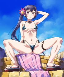Rule 34 | 1girl, ahoge, akebono (kancolle), arm behind back, bell, bikini, blue bikini, blush, body blush, breasts, breasts apart, brick wall, closed mouth, cloud, commentary request, covered erect nipples, day, feet, flower, full body, groin, hair bell, hair between eyes, hair flower, hair ornament, hand on own head, head tilt, jingle bell, kantai collection, long hair, looking at viewer, micro bikini, navel, outdoors, platform footwear, purple hair, sameha ikuya, sandals, side-tie bikini bottom, side ponytail, sitting, sky, smile, solo, spread legs, swimsuit, thigh strap, toes, very long hair