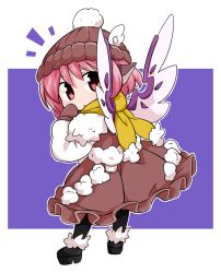 Rule 34 | 1girl, adapted costume, animal ears, beanie, black pantyhose, byourou, hat, looking back, mystia lorelei, pantyhose, pink eyes, pink hair, pom pom (clothes), purple background, scarf, simple background, solo, touhou, wings