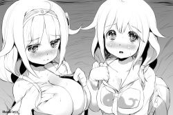 Rule 34 | 10s, 2girls, ahoge, bare shoulders, blush, breasts, dual persona, greyscale, hairband, kantai collection, large breasts, long hair, looking at viewer, low twintails, monochrome, multiple girls, neckerchief, off shoulder, open mouth, ryuuhou (kancolle), sakimori dan, shirt tug, skirt, smile, taigei (kancolle), twintails, upper body, whale